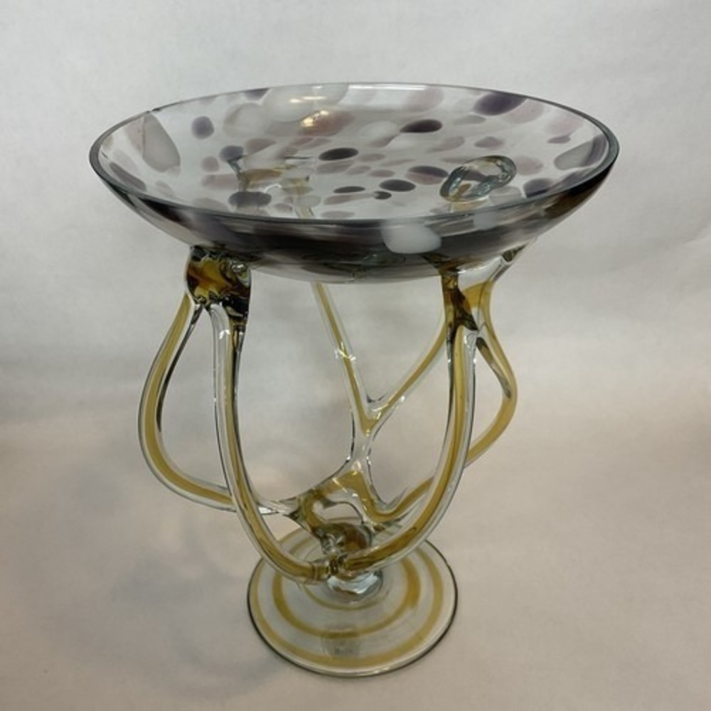 Vintage Jozefina Krosno Cobalt Art Glass Jellyfish Pedestal Bowl 9"x7" Poland